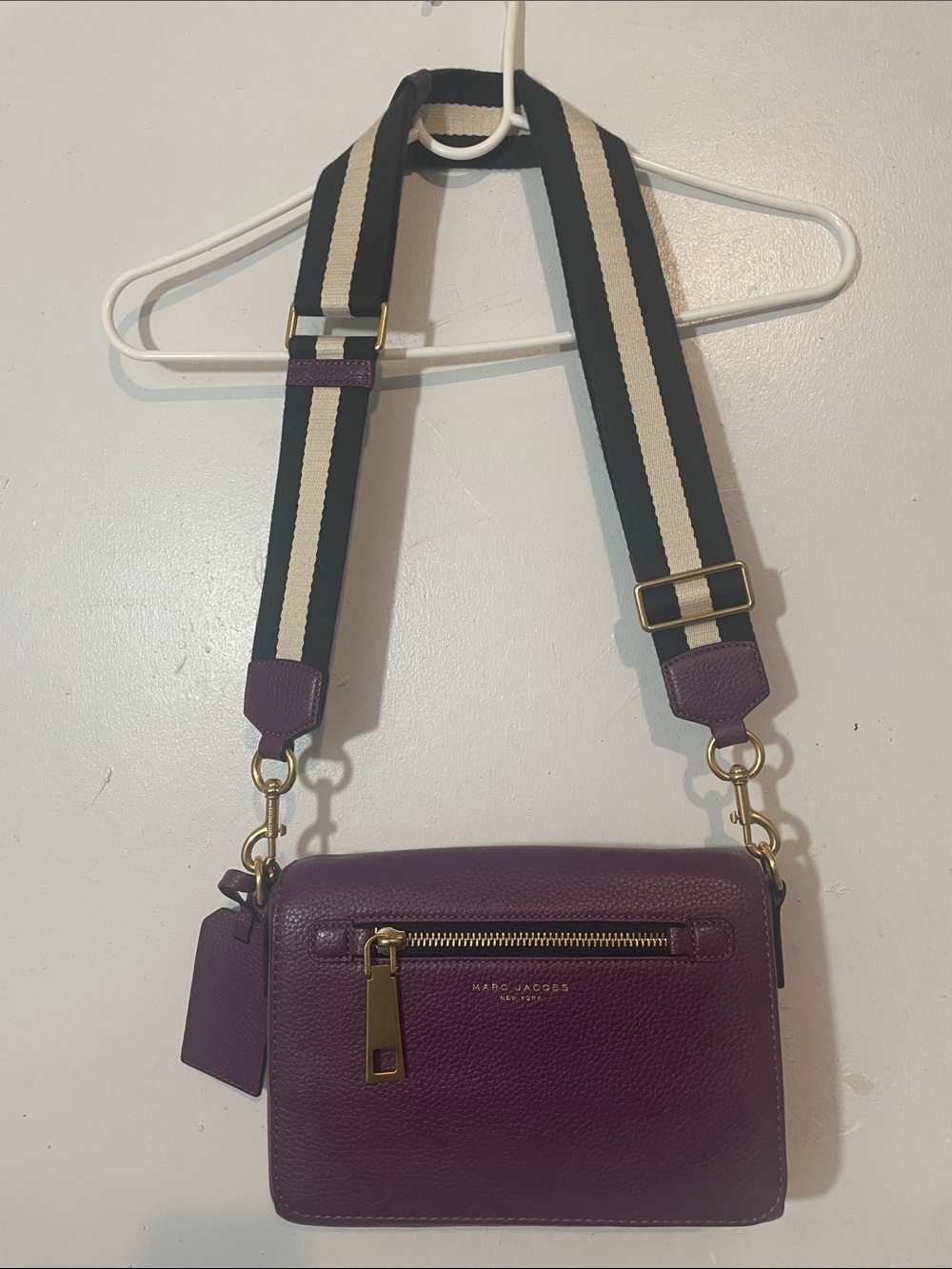 Marc Jacobs Plum Leather Crossbody with Striped Canvas Strap